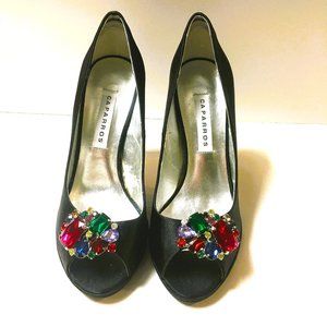 Jewel Tone Rhinestone Black Open Toe Pumps Stiletto Heels Shoes Mad Men Style